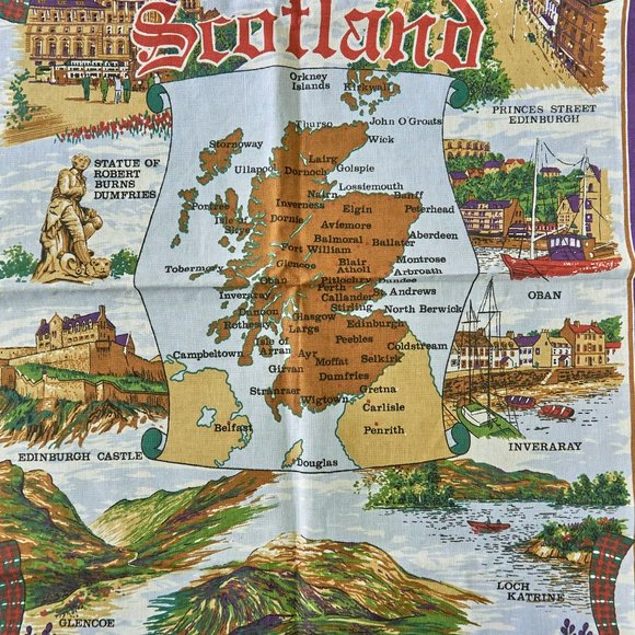 Vintage 80s Clive Mayor Scotland Attractions Cotton Tea Towel, Made in Britain - Picture 3 of 9